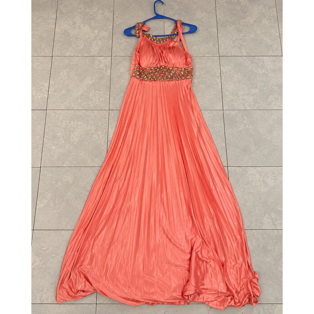 Sequin Hearts Dress Womens 7 Coral Pink Pleated Maxi Gown Rhinestone Beaded Prom